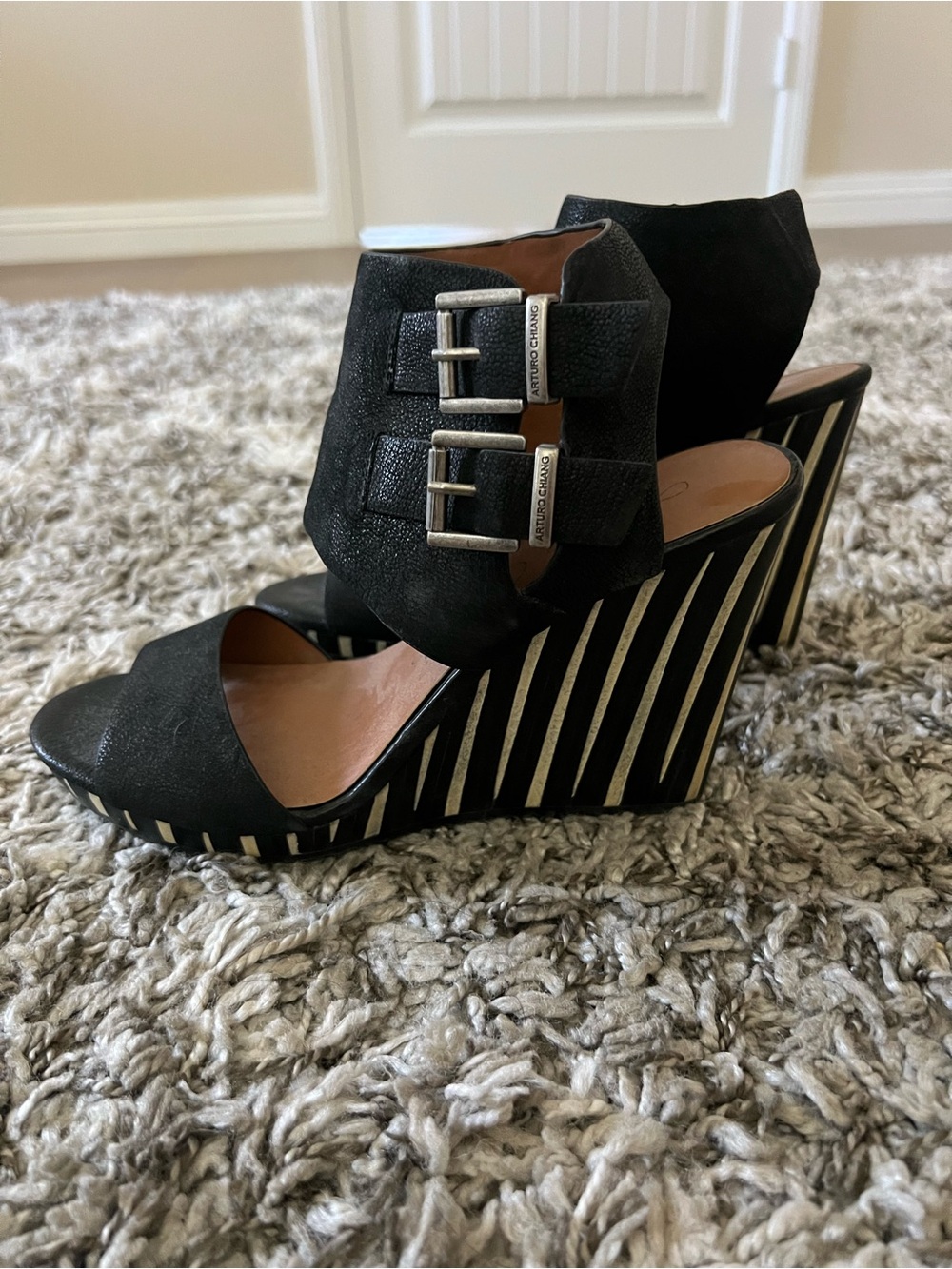 Arturo Chiang Black Wedge Sandals with Black and White -Striped Platform